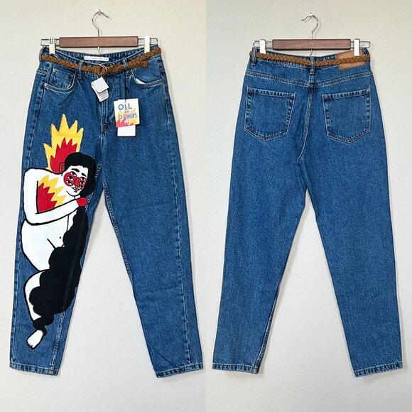 NEW TRF Zara x Ricardo Cavolo Hand Oil Painted Mom Jeans 4 + Belt Dark Wash Rare - Picture 4 of 16